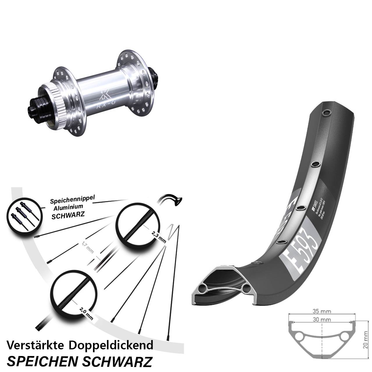 DT Swiss E593 KX-G 650B Disc Laufrad für Schnellspanner