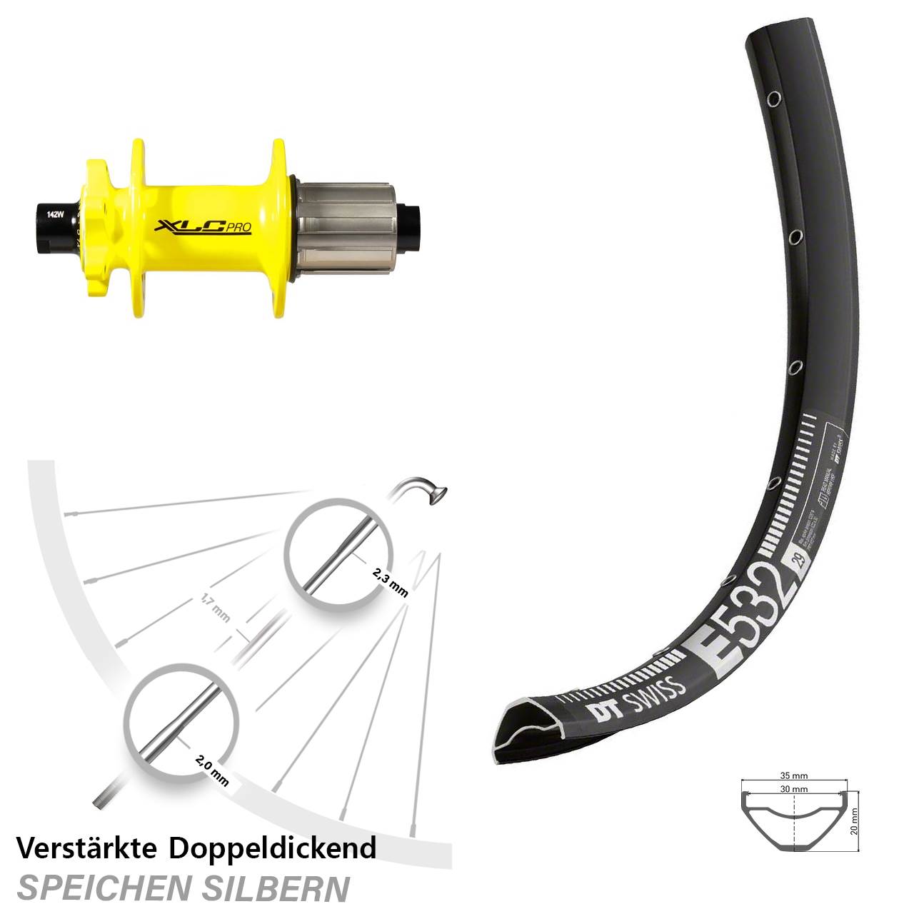 DT Swiss E532 XLC Pro gelb 29 Zoll 6-Loch Hinterrad 12x142 8-11 fach