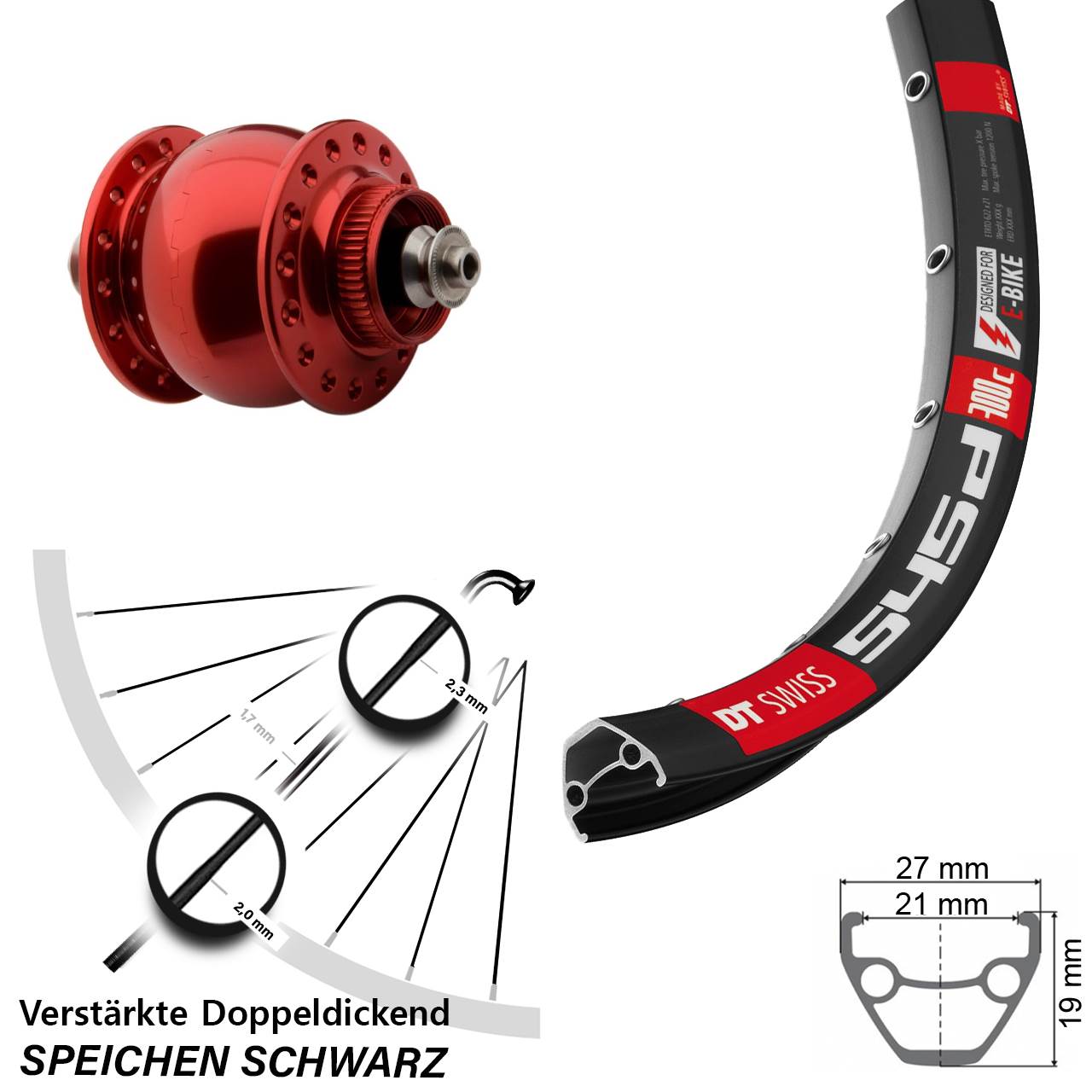 Nabendynamovorderrad Centerlock für Schnellspanner 26 Zoll DT Swiss 545d SON 28 rot