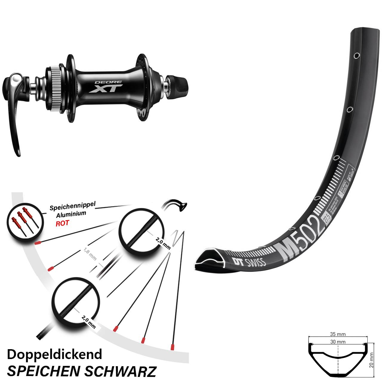 DT Swiss M 502 Shimano Deore XT HB-M8000 29 Zoll Vorderrad Centerlock QR