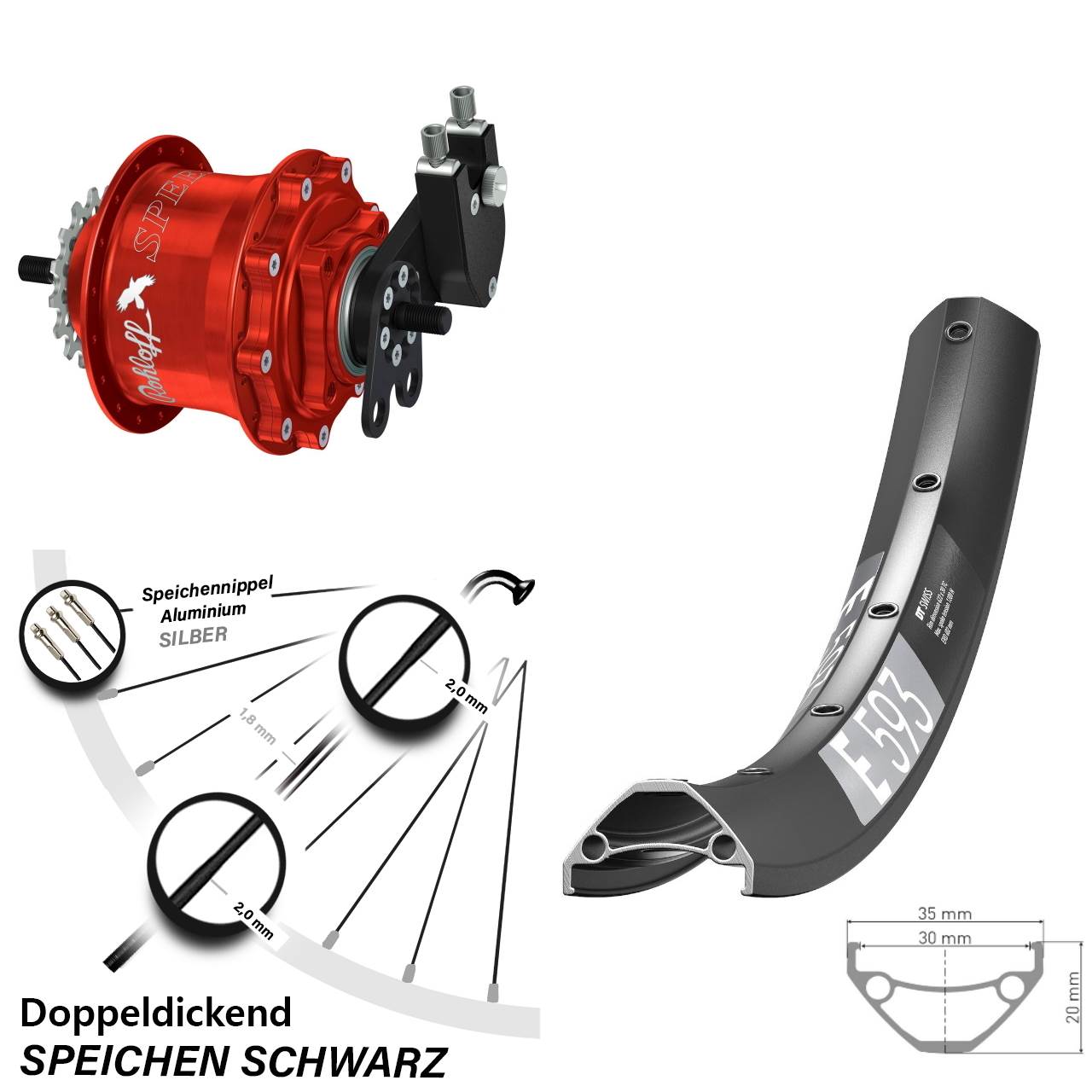 Hinterrad 27,5 Zoll DT Swiss E 593 Disc Rohloff Speedhub 500/14 TS DB Tandem rot
