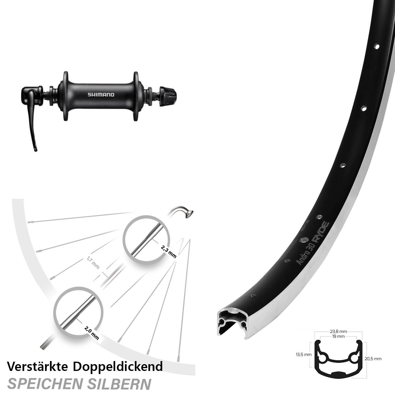 Ryde Andra 30 Shimano HB-T3000 28 Zoll Vorderrad für Schnellspanner