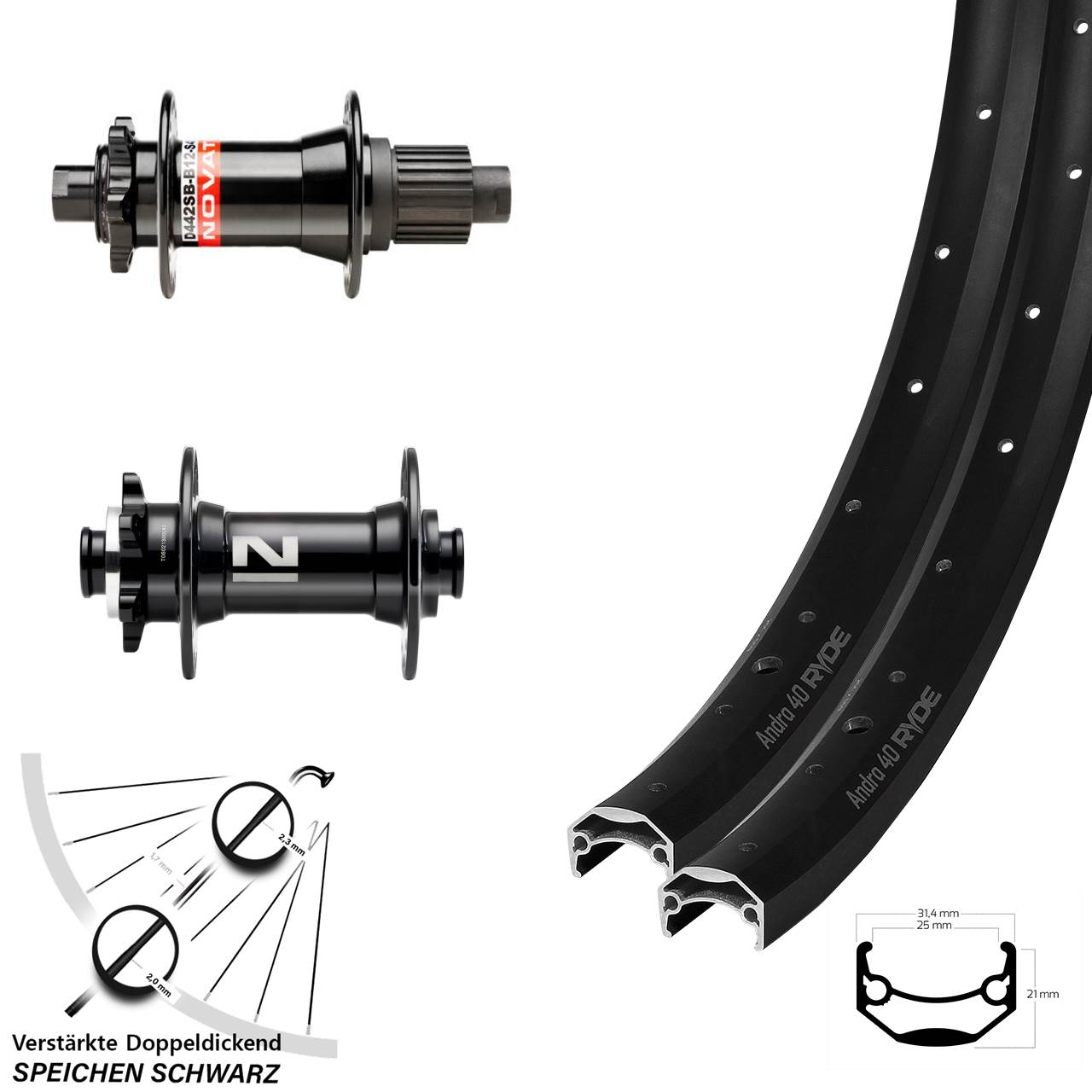 Laufradsatz 6-Loch 26 Zoll Ryde Andra 40 Novatec D041 D-442 Shimano Micro Spline Boost