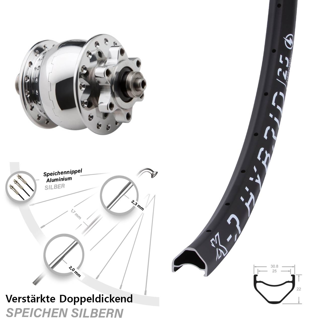 Vorderrad 27,5 Zoll KX R Hybrid 25 SON 28 6-Loch silbern poliert