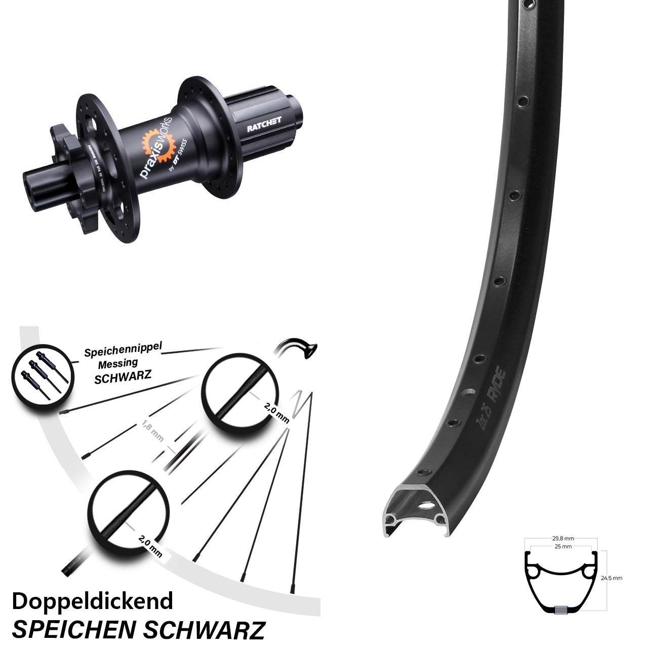 Ryde ZAC 25 DT Swiss 350 29 Zoll Disc Hinterrad 12x142 8-11 fach HG