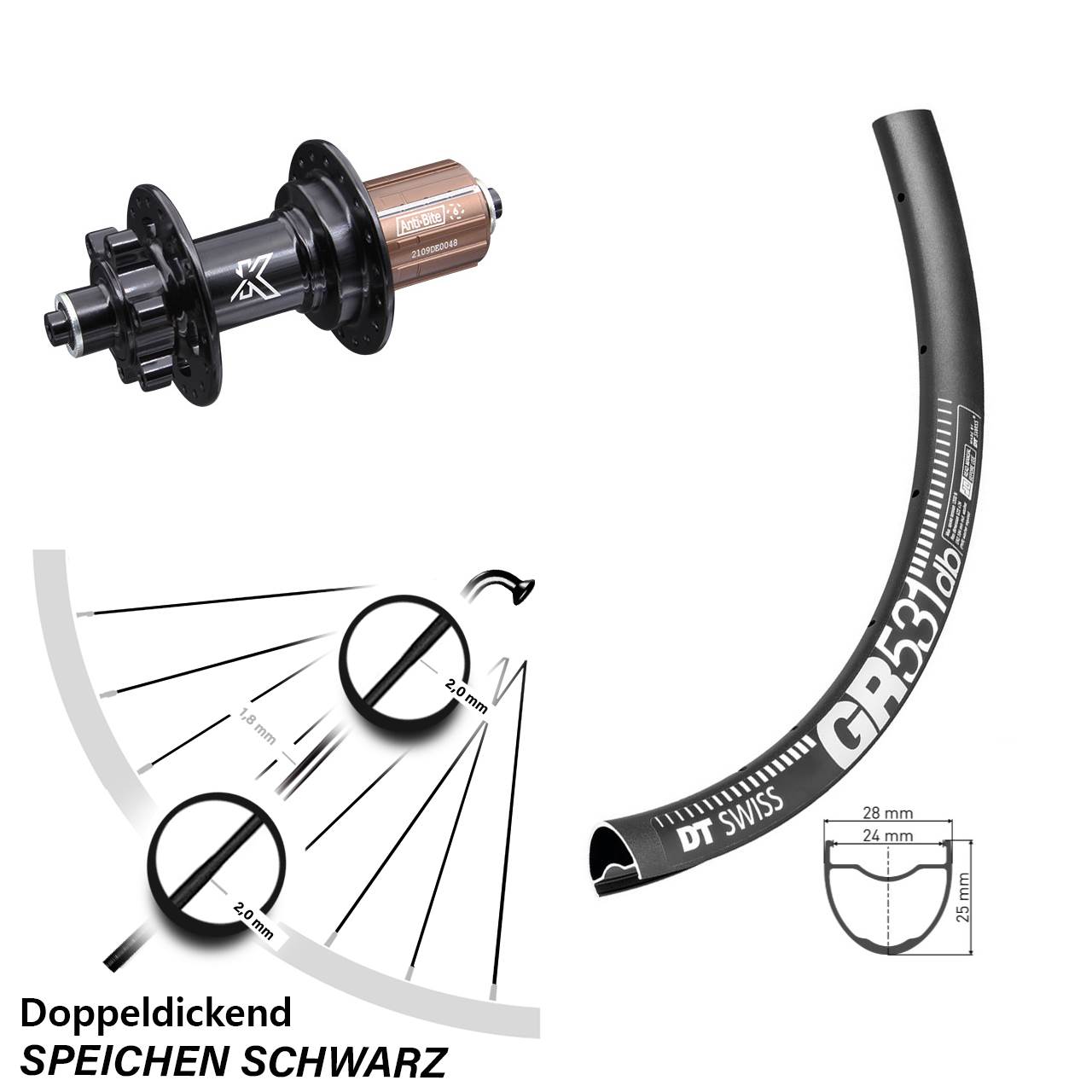 28 Zoll DT Swiss GR531 KX-M Disc Laufrad für Schnellspanner 8-12 fach HG