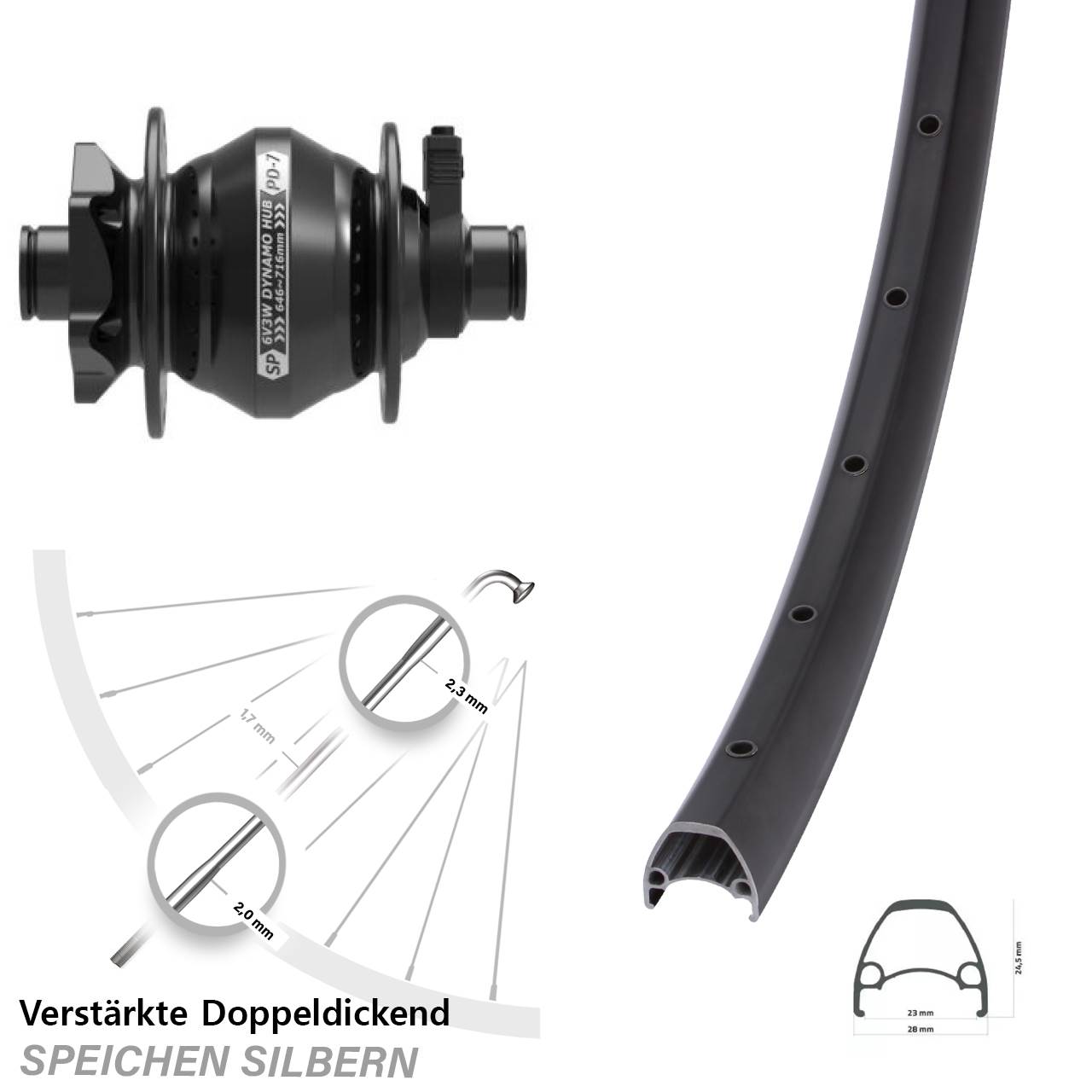 Nabendynamovorderrad 6-Loch 28 Zoll Ambrosio Sport Shutter PD-7 12x100