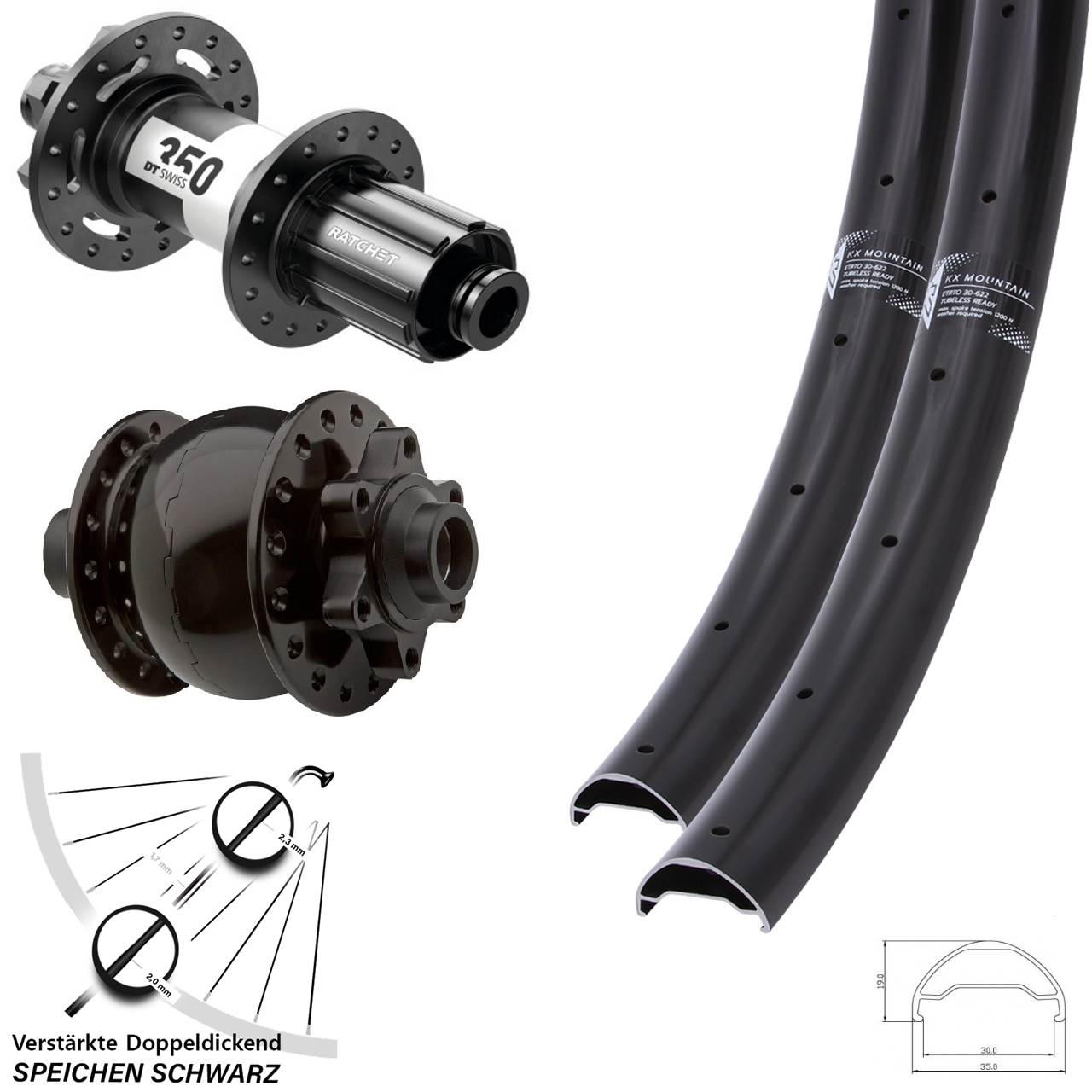 29 Zoll KX Mountain TR DT Swiss 350 SON 28 Laufradsatz 6-Loch 15x100 12x142 8-11 fach HG