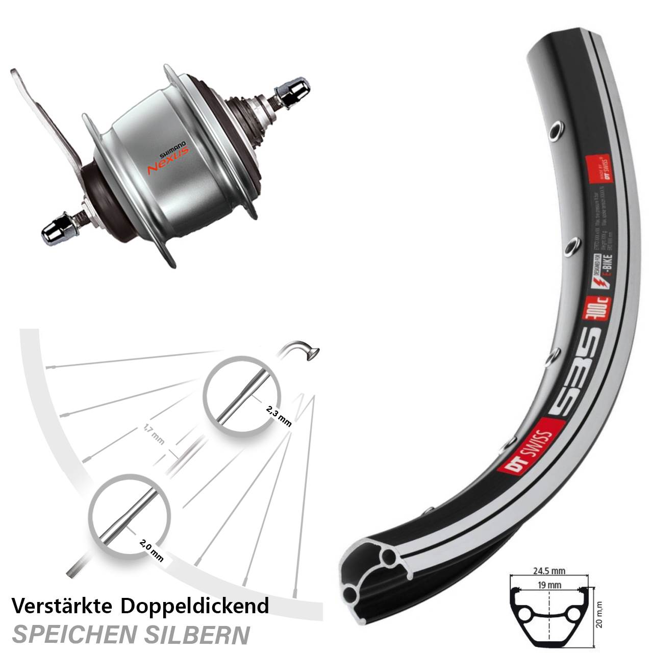 28 Zoll DT Swiss 535 Shimano Nexus 8 Gang Hinterrad mit Rücktrittbremse