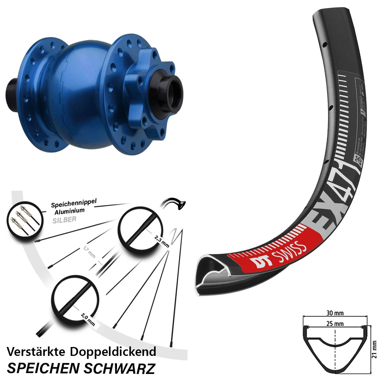 29 Zoll Nabendynamovorderrad 6-Loch DT Swiss EX471 SON 28 blau 15x110 Boost