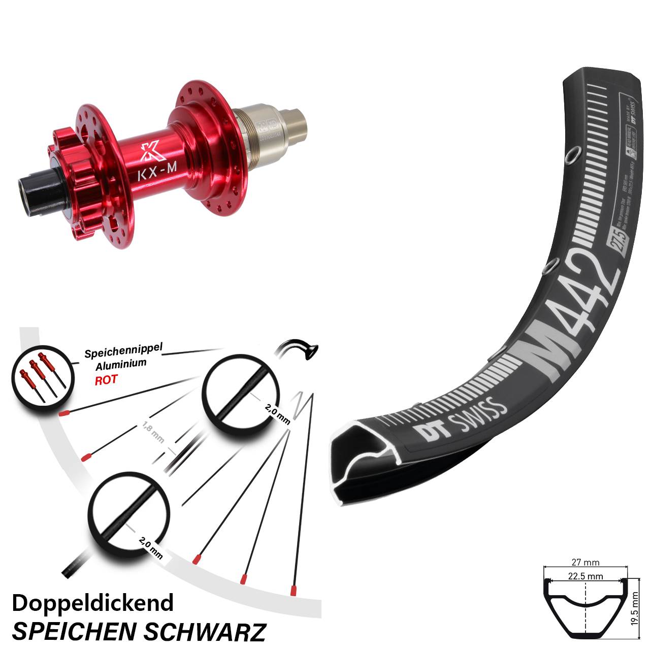 Disc Hinterrad 28-29 Zoll DT Swiss M 442 KX-M rot XD 12x142