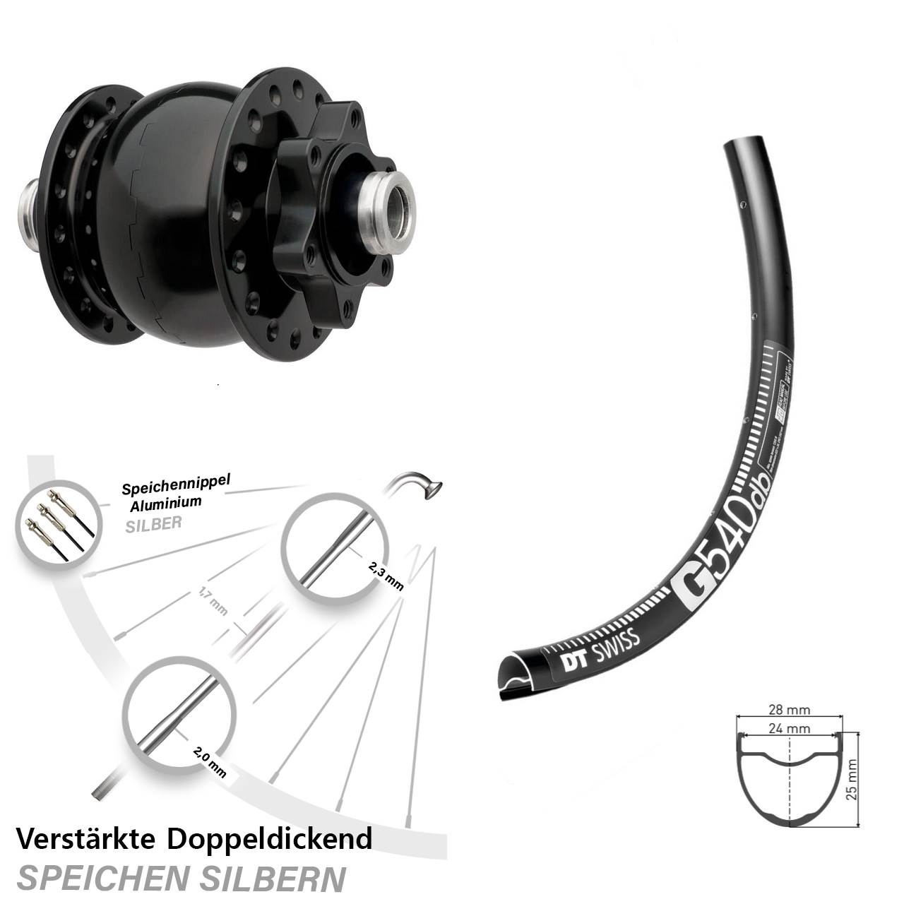 Vorderrad DT Swiss G 540 SON 28-12 Nabendynamo Steckachse 28-29 Zoll