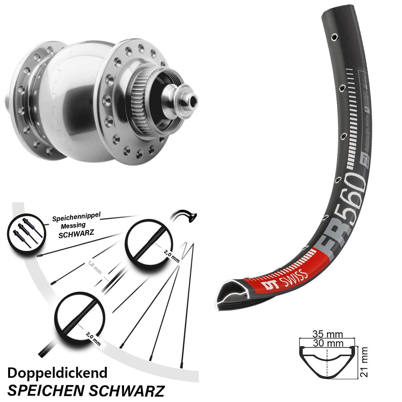 Disc Laufrad mit Nabendynamo für Schnellspanner 26 Zoll DT Swiss FR 560 SON 28