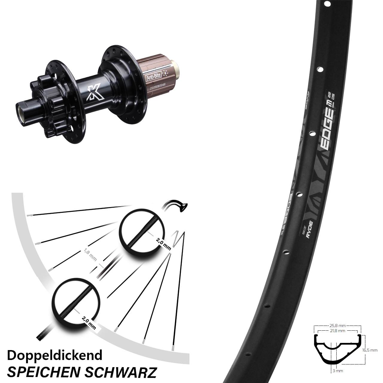 29 Zoll Hinterrad Ryde Edge M22 OS mit KX-M 10-fach 6-loch Nabe Steckachse