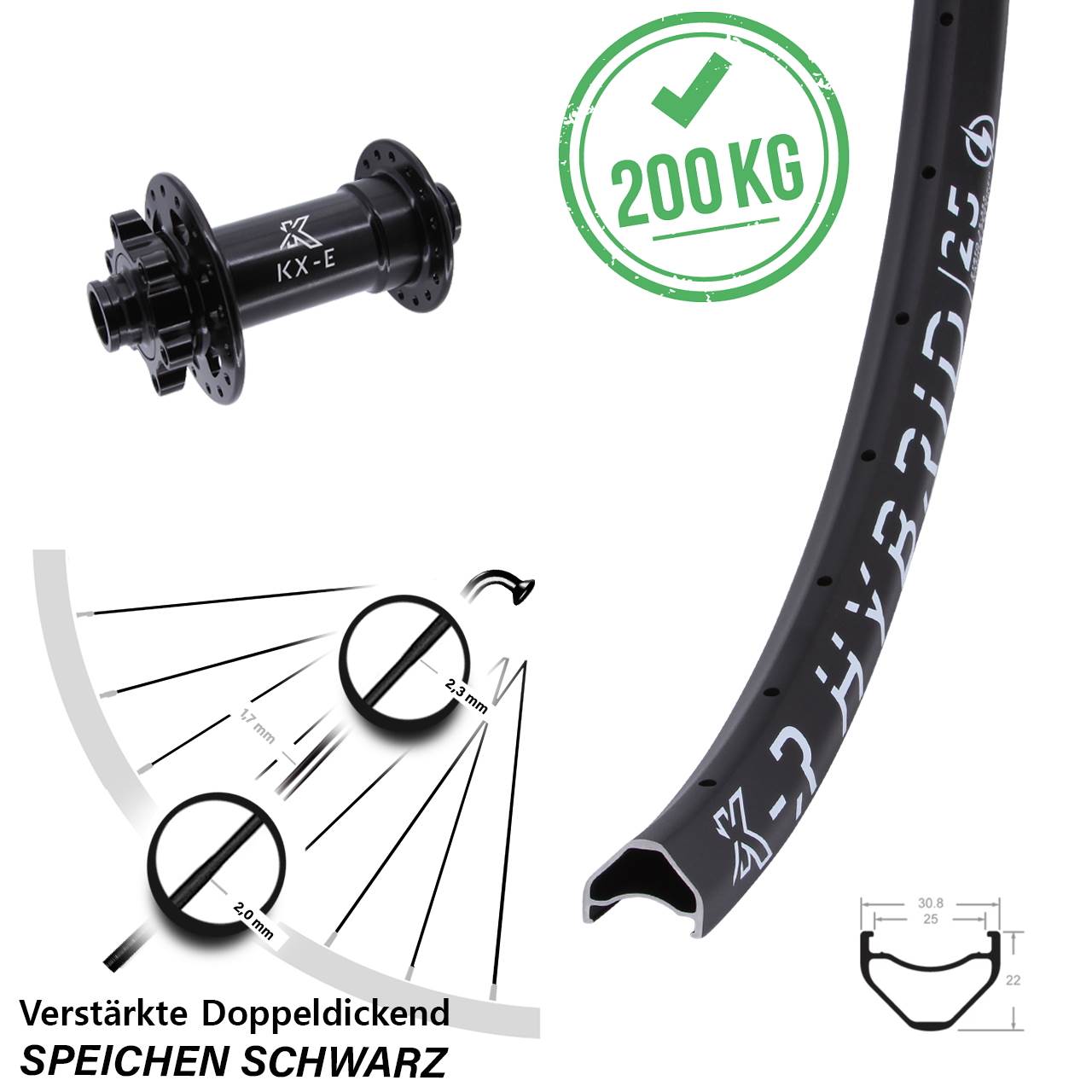 Vorderrad 6-Loch 26 Zoll KX-R Hybrid 25 schwarz 4-fach gelagert 15x110 Boost