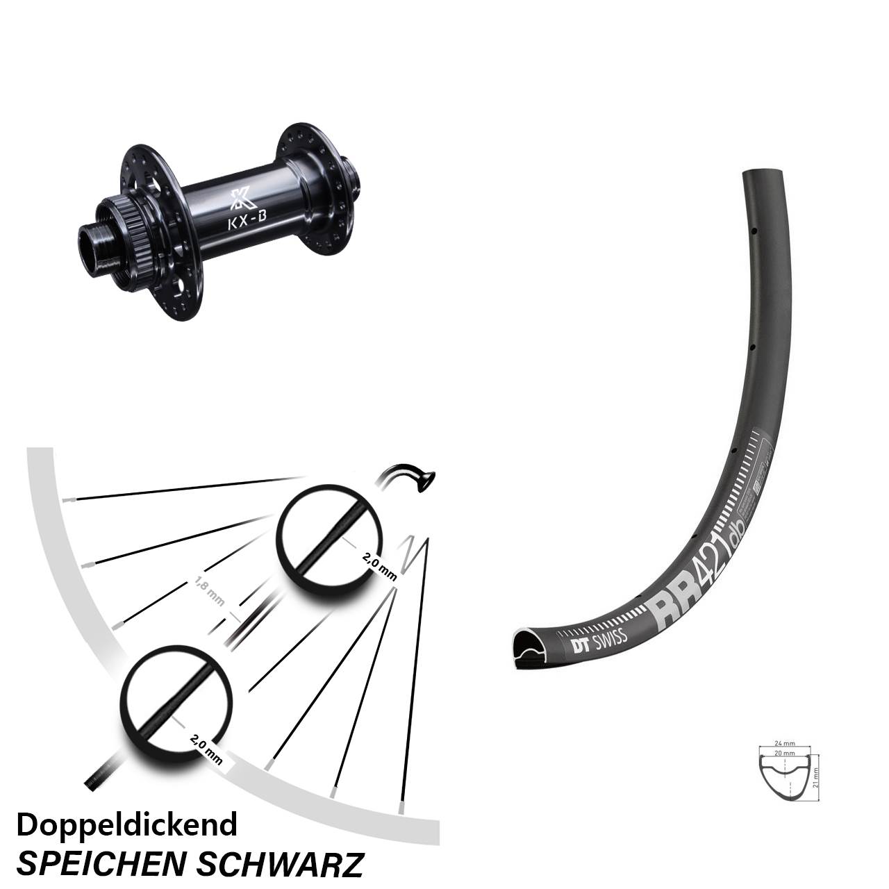 DT Swiss RR 421 DB Disc Road Centerlock Vorderrad 28 Zoll KX-Boost 12x110 mm schwarz
