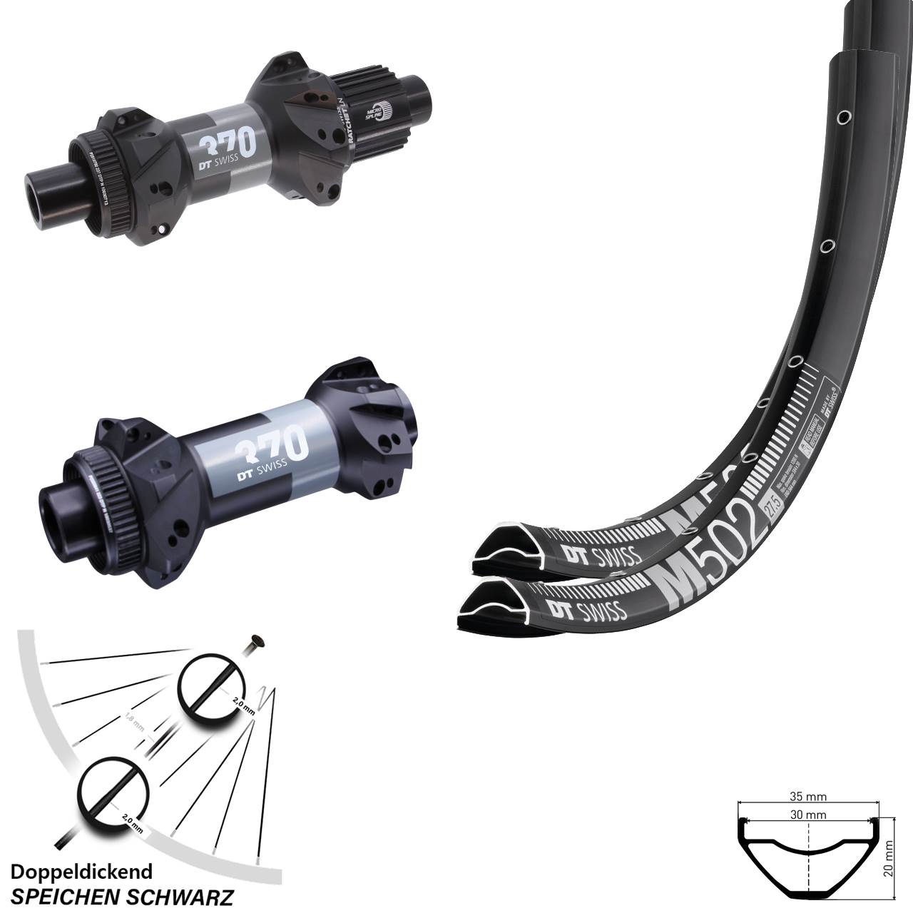 DT Swiss M502 370 Straightpull 29 Zoll Laufradsatz Centerlock 15x110 12x148 Micro Spline