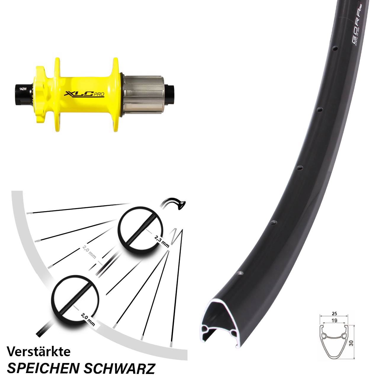 Disc Hinterrad 28 Zoll Gora Plus XLC Pro gelb 8-11 fach HG 12x142