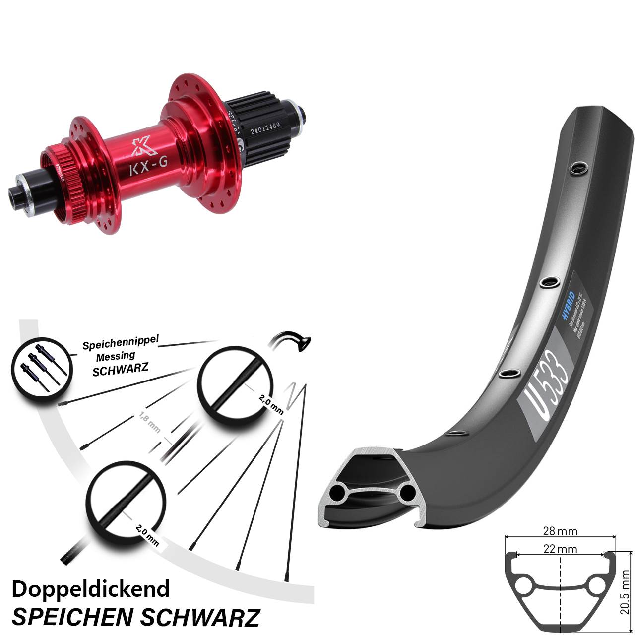 DT Swiss U533 26 Zoll Hinterrad KX-G rot Micro Spline