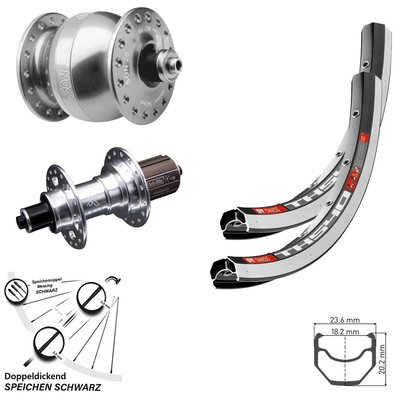 Laufrad-Satz für Schnellspanner SON 28 Zoll DT Swiss TK540 KX-T silbern 8-12 fach HG