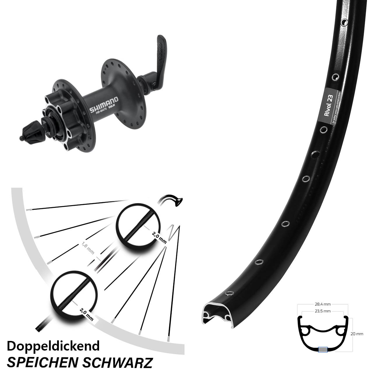 Ryde Rival 23 Shimano HB-M475 27,5 Zoll 6-Loch Vorderrad QR