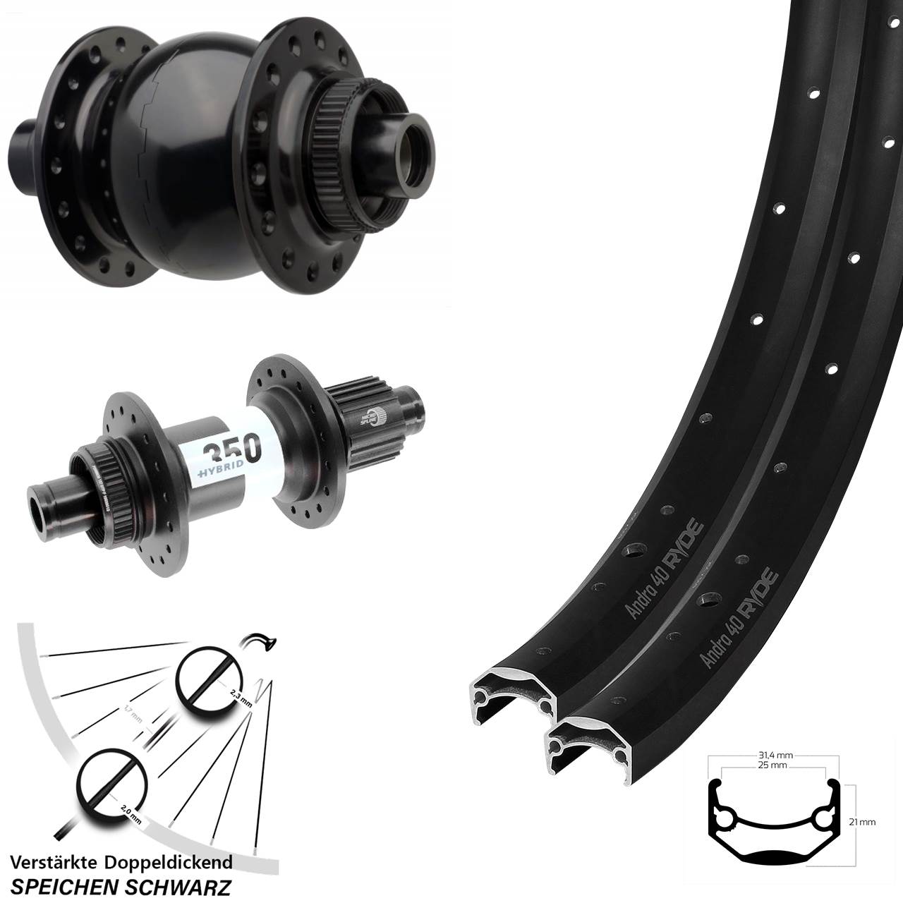 Laufradsatz Disc Boost 20 Zoll Ryde Andra 40 DT Swiss Hybrid 350 SON 28 Micro Spline