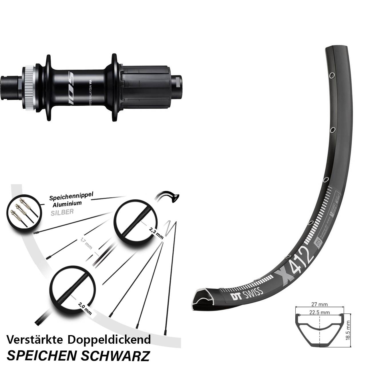 Centerlock Hinterrad 28 Zoll DT Swiss X412 Shimano 105 FH-R7070 8-12 fach 12x142