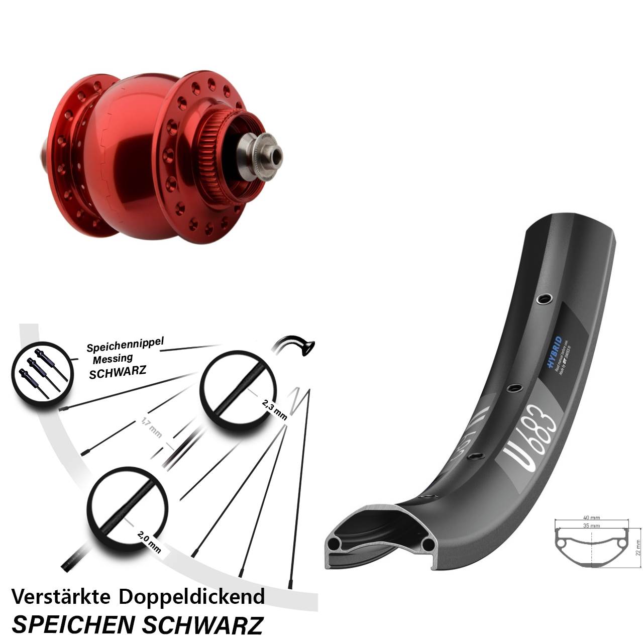 Nabendynamovorderrad Centerlock QR 27,5 Zoll DT Swiss U 683 SON 28 rot