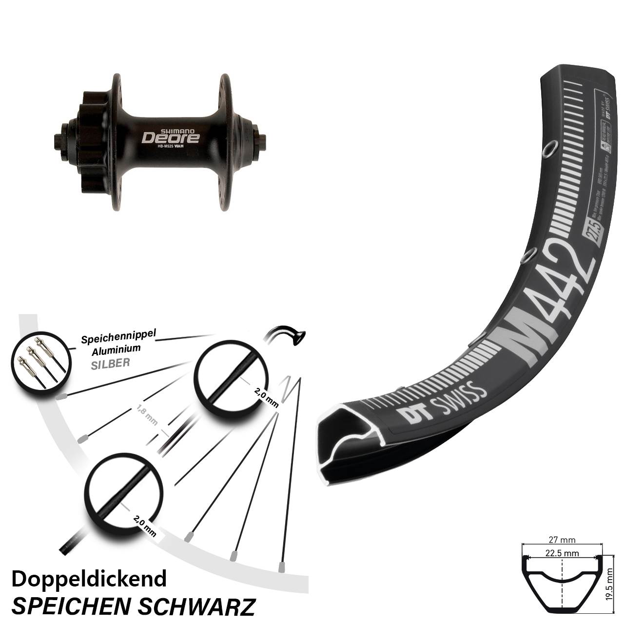 Disc Vorderrad QR 29 Zoll DT Swiss M 442 Shimano Deore HB-M525