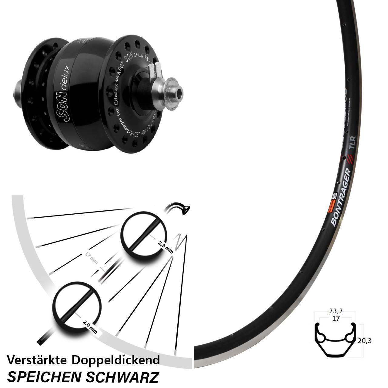Nabendynamo-Vorderrad 28 Zoll Bontrager TLR SONdelux für Schnellspanner