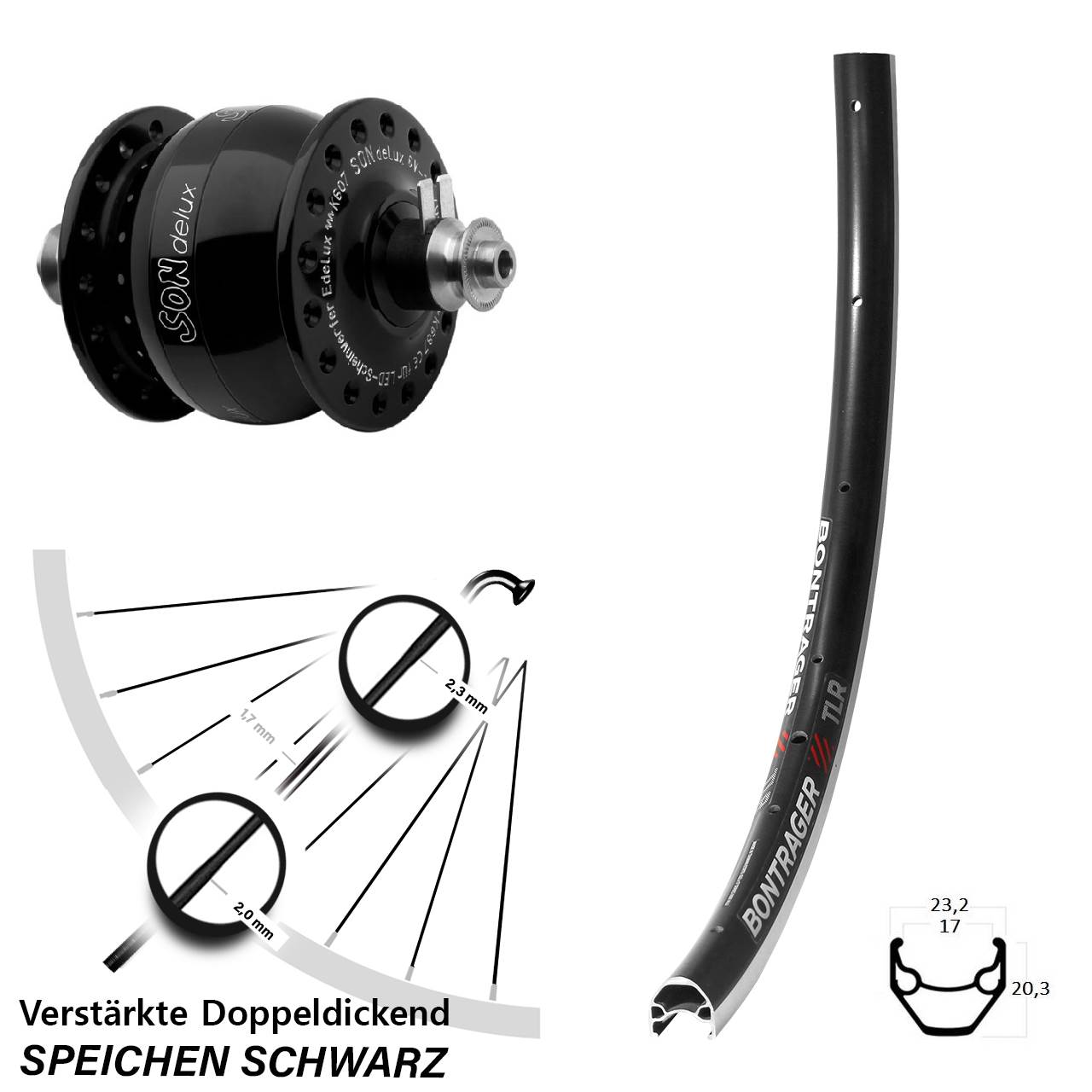 Nabendynamo-Vorderrad 28 Zoll Bontrager TLR SONdelux für Schnellspanner
