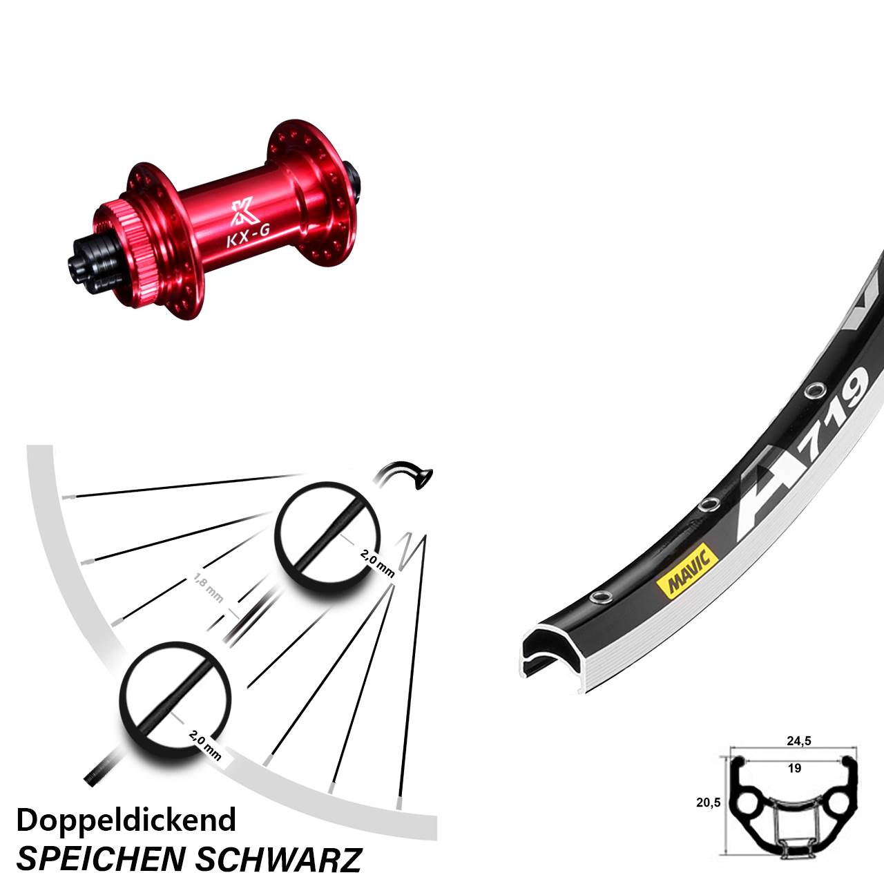 Mavic A 719 Felgenbremse Vorderrad 28 Zoll mit KX-G Nabe rot-eloxiert 5x100 mm