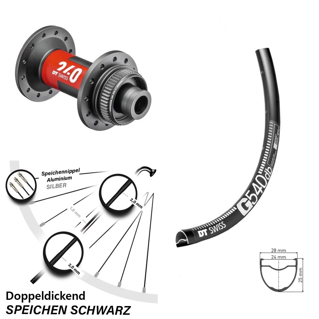 28 Zoll Vorderrad DT Swiss 240 Road 12x100 und G 540 für Scheibenbremse
