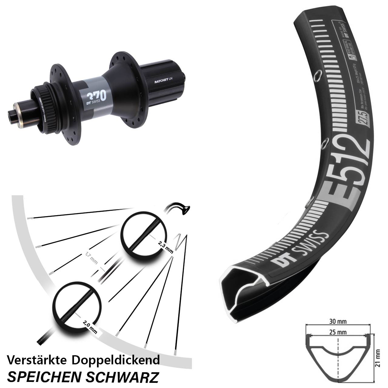 29 Zoll Hinterrad für Schnellspanner DT Swiss E 512-370 8-12 fach