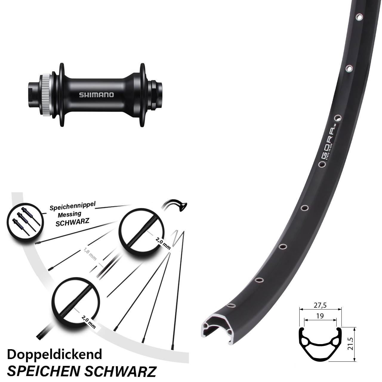Disc Laufrad 27,5 Zoll Gora 19 Shimano HB-MT400 15x100