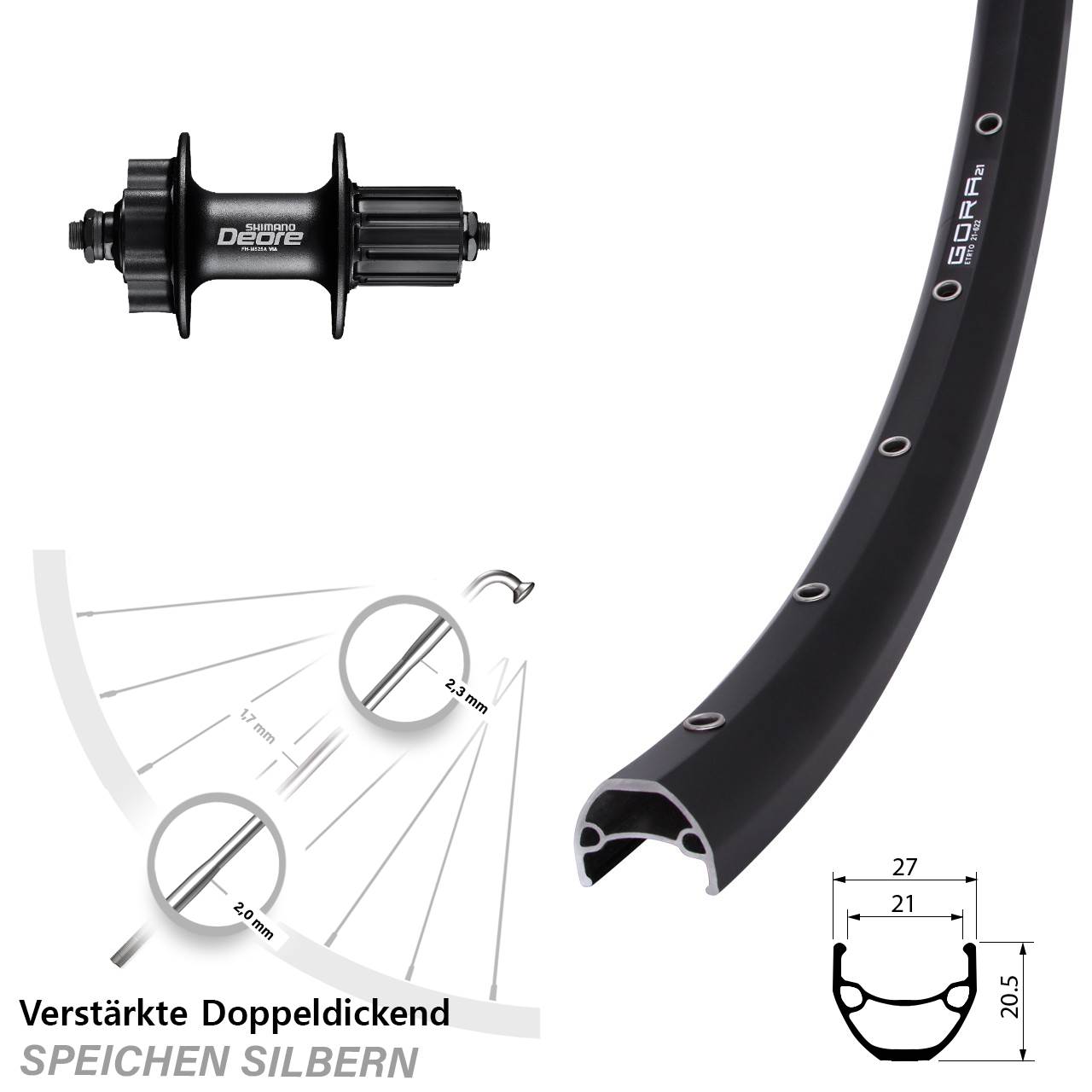29 Zoll Gora 21 Shimano Deore 6-Loch Hinterrad für Schnellspanner 8-11 fach HG