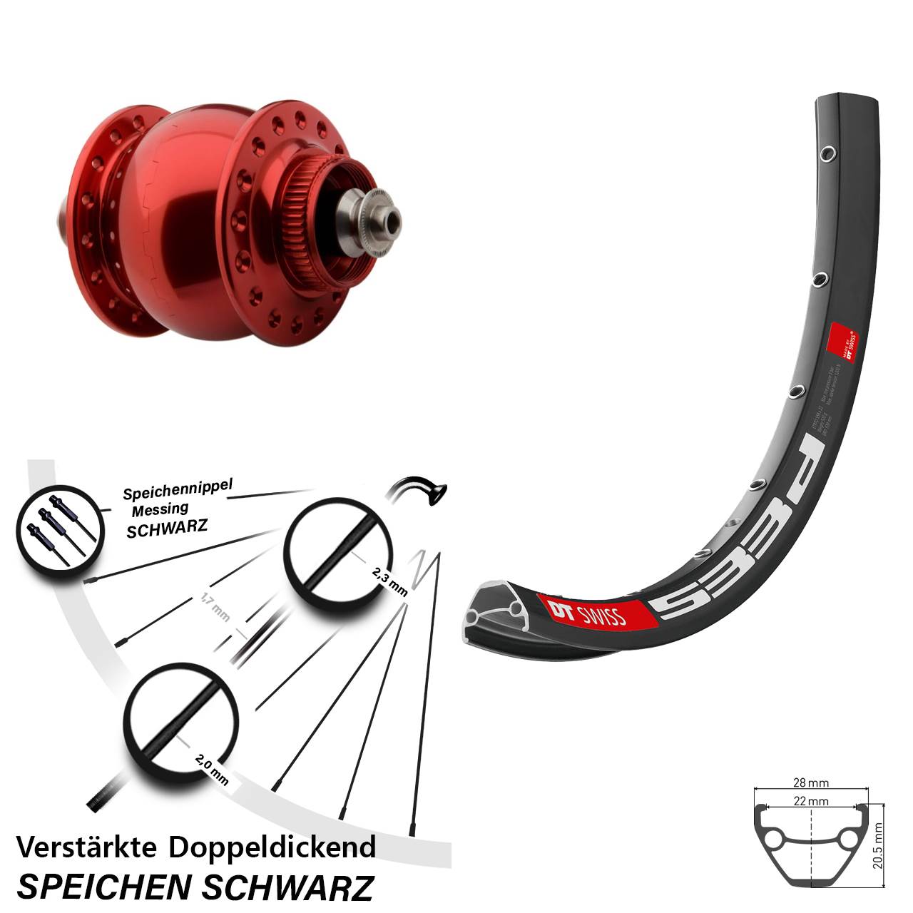 Nabendynamovorderrad Centerlock für Schnellspanner 28-29 Zoll DT Swiss 533d SON 28 rot