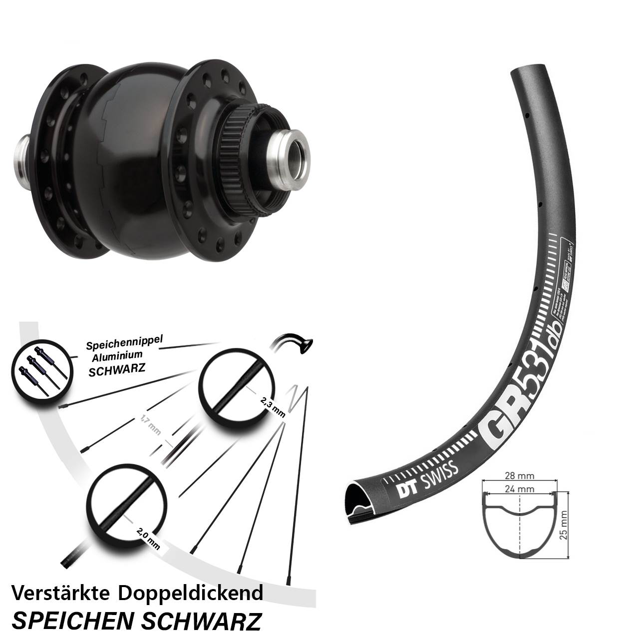 verstärktes Nabendynamolaufrad SON delux DT Swiss GR 531 DB Disc 27,5 Zoll für Steckachse