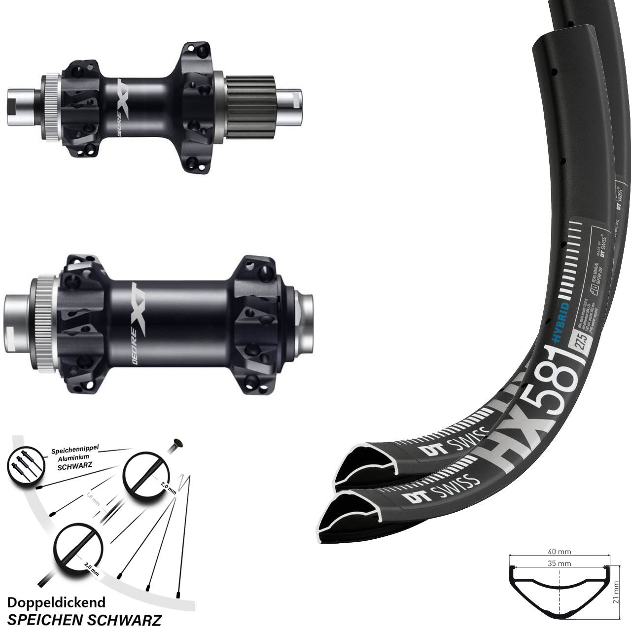 27,5 Zoll Laufradsatz DT Swiss HX 581 Shimano XT Boost Straightpull 12-fach Micro Spline
