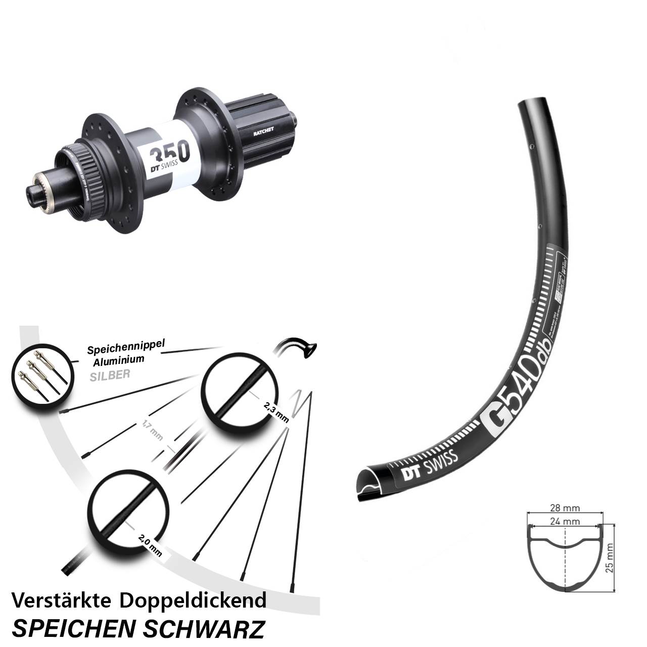 28-29 Zoll DT Swiss G540-350 Disc Laufrad für Schnellspanner 11-12 fach