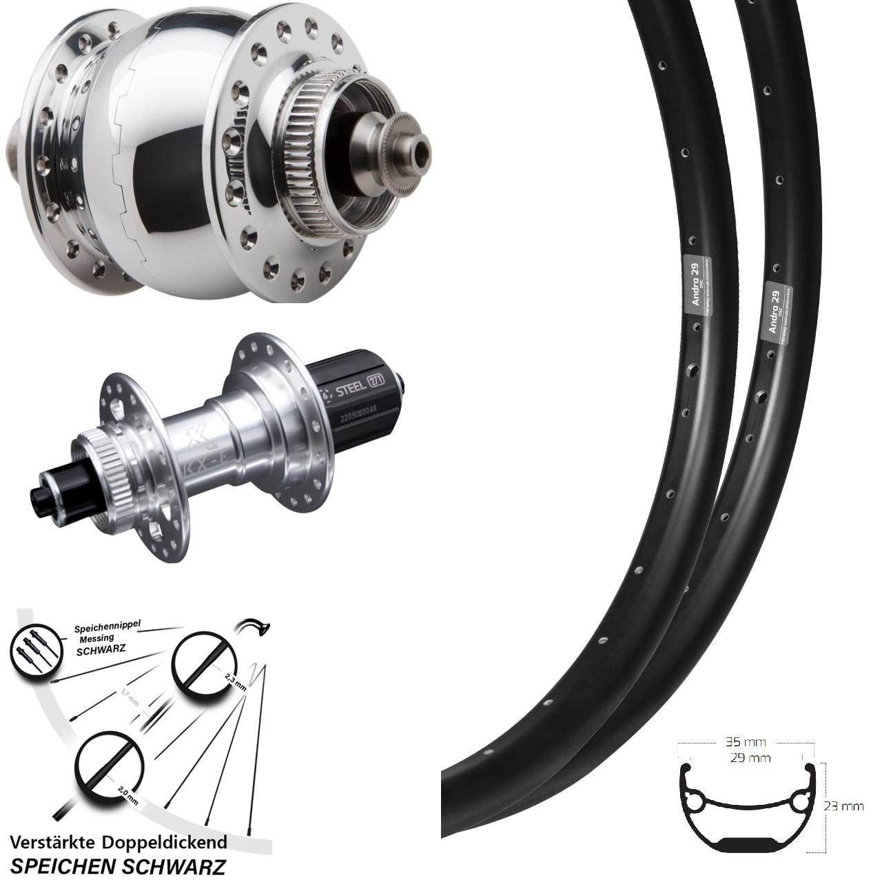 27,5 Zoll Ryde Andra 29 KX-E SON 28 poliert Disc Laufradsatz QR 8-12 fach