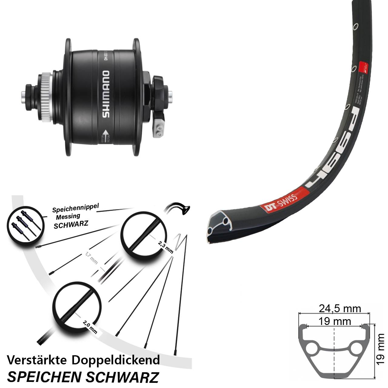 Disc Nabendynamovorderrad 28 Zoll DT Swiss 466 Shimano DH-3D37-QR QR