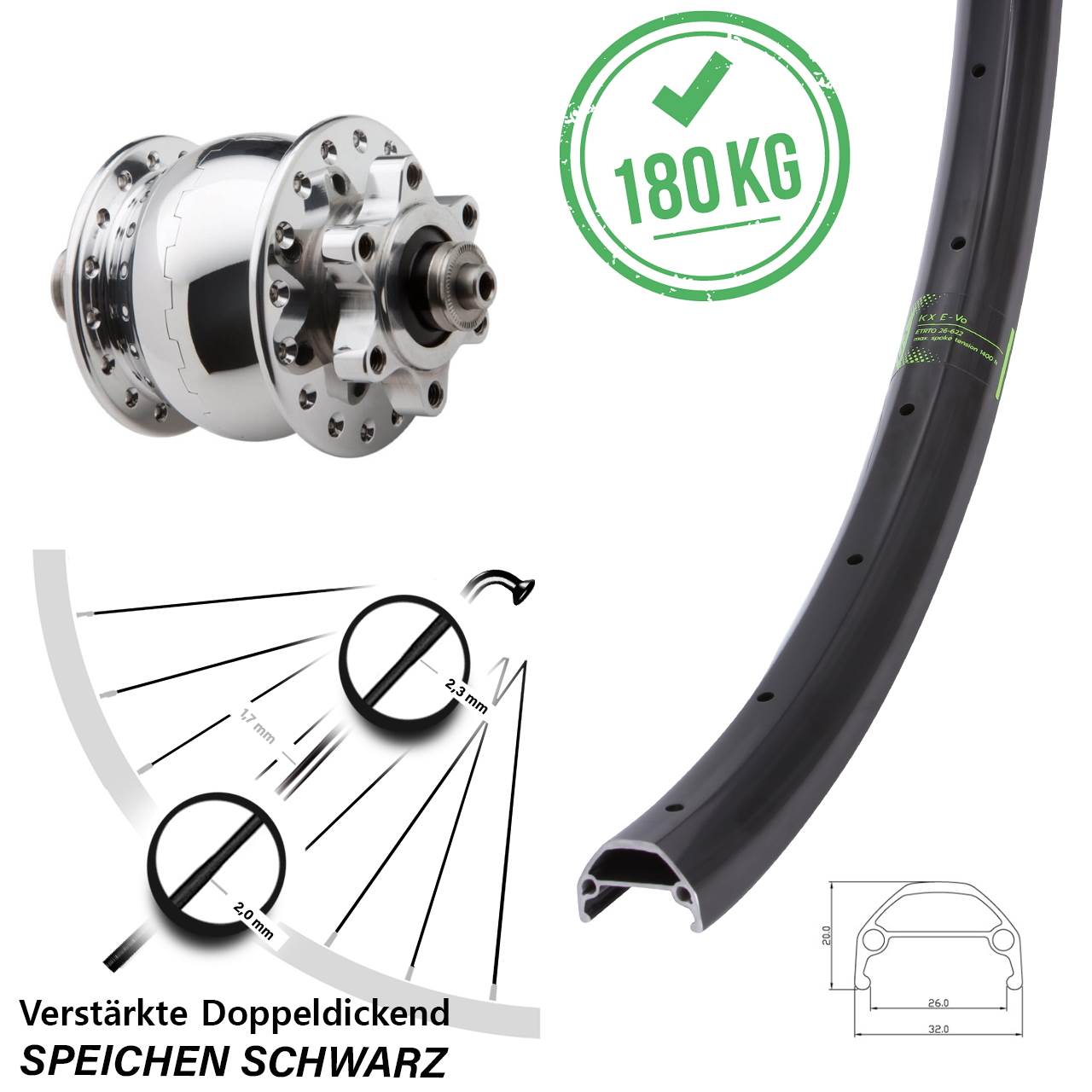 26 Zoll KX Evo SON 28 6-Loch Nabendynamovorderrad QR