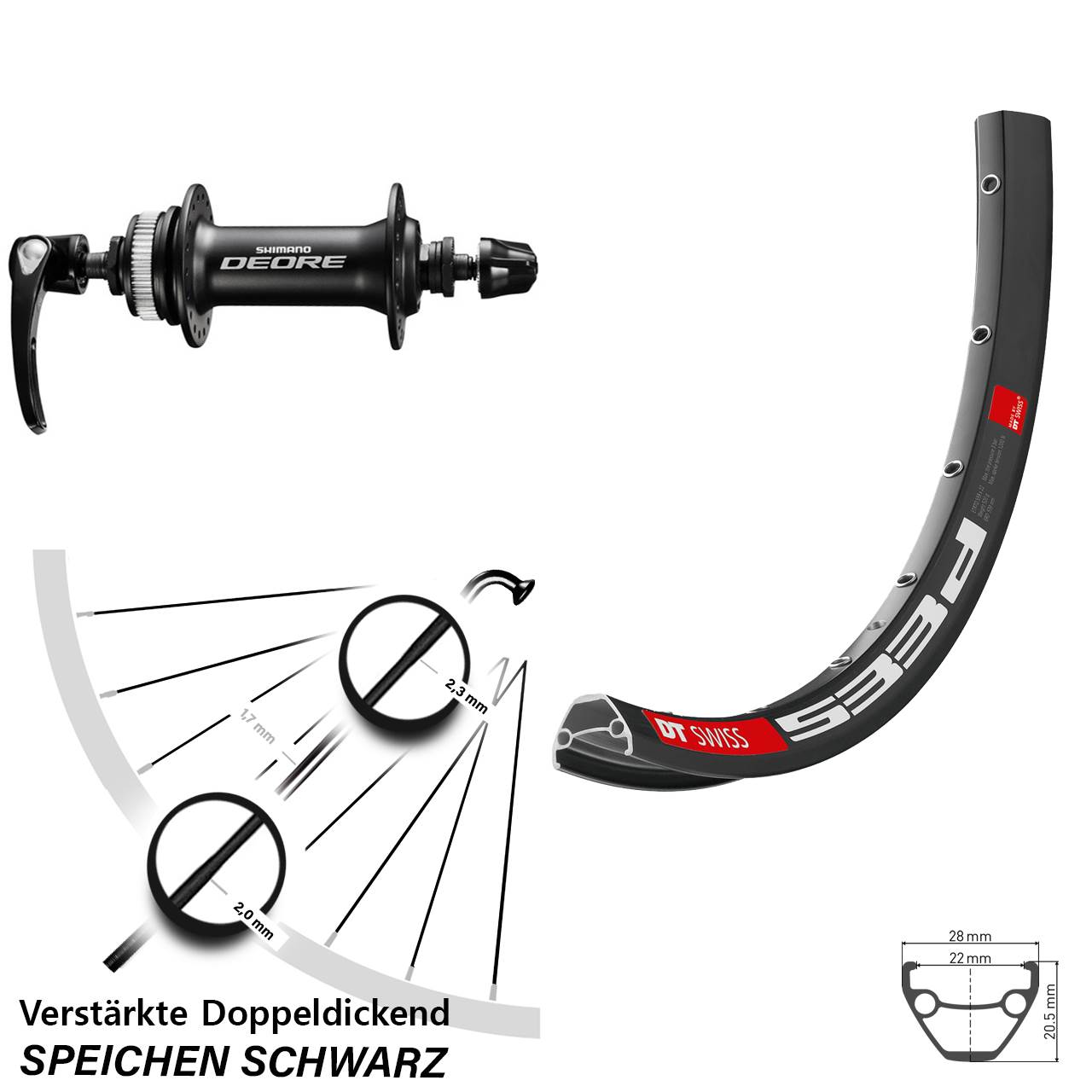 Vorderrad Centerlock 26 Zoll DT Swiss 533d Shimano Deore für Schnellspanner