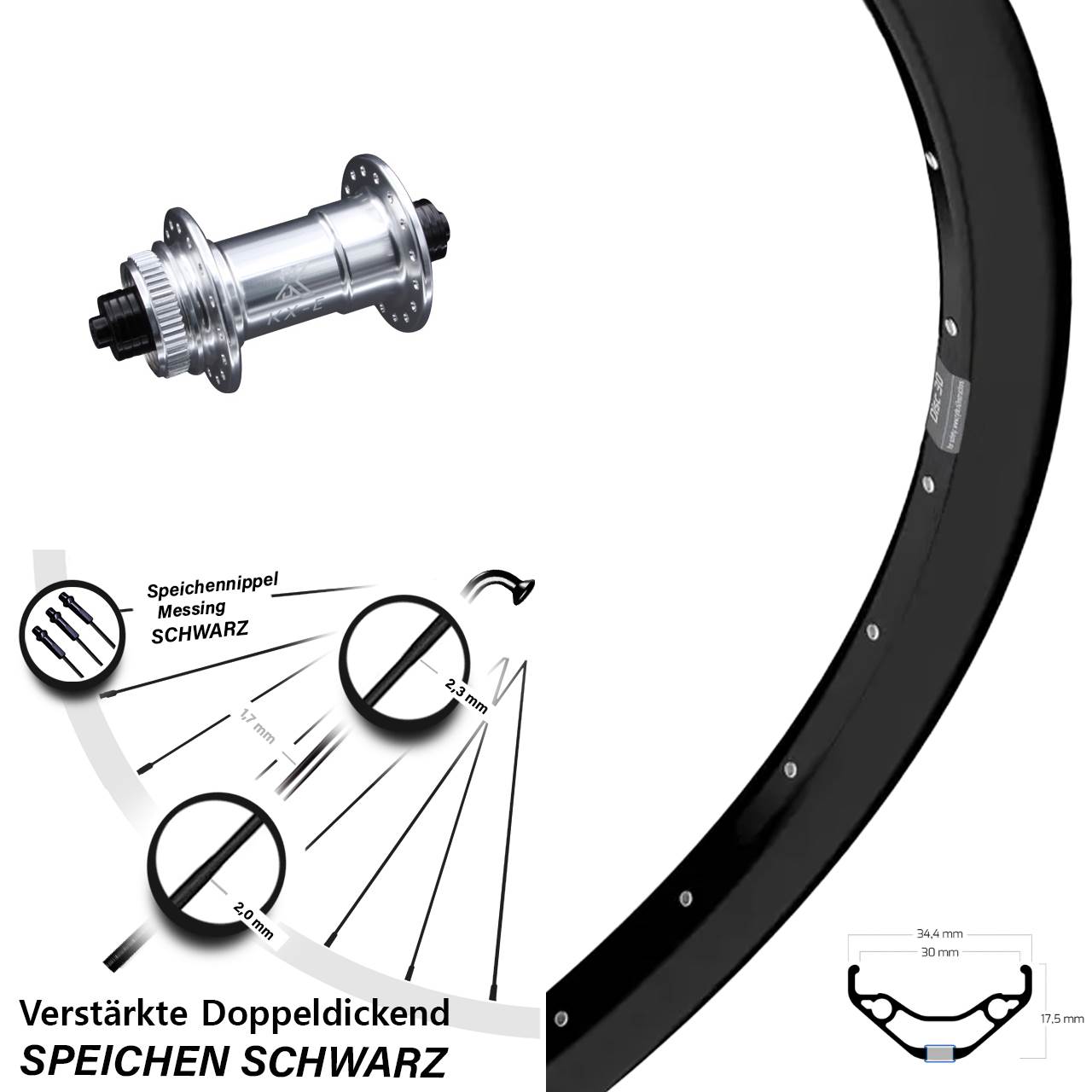 Ryde Disc 30 KX-E verstärkt 29 Zoll Vorderrad Centerlock für Schnellspanner