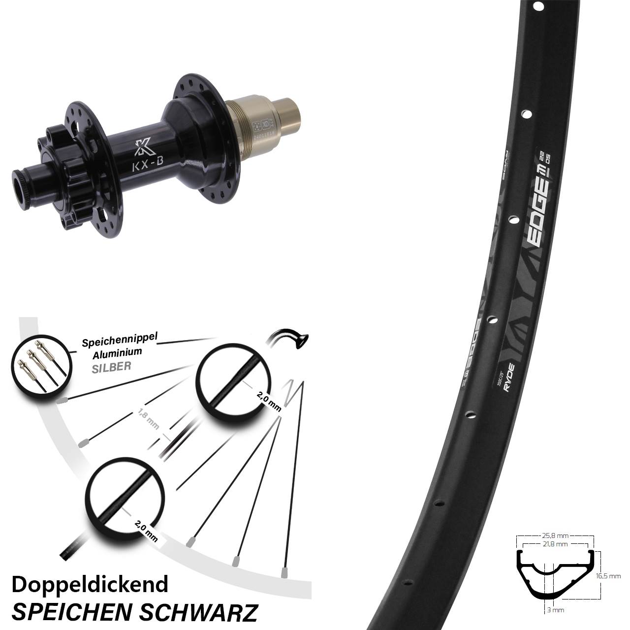 6-Loch Hinterrad 28 Zoll Ryde Edge M22 OS KX-B SRAM XD 12x148