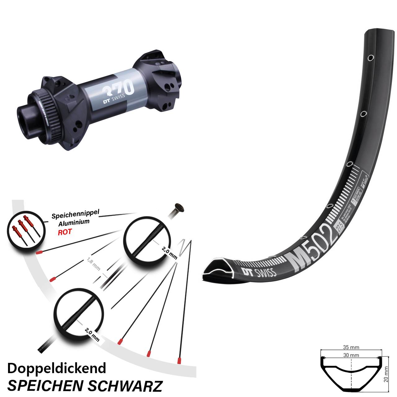 29 Zoll Vorderrad M 502 DT Swiss 370 Boost 15x110 mm Straightpull Centerlock MTB