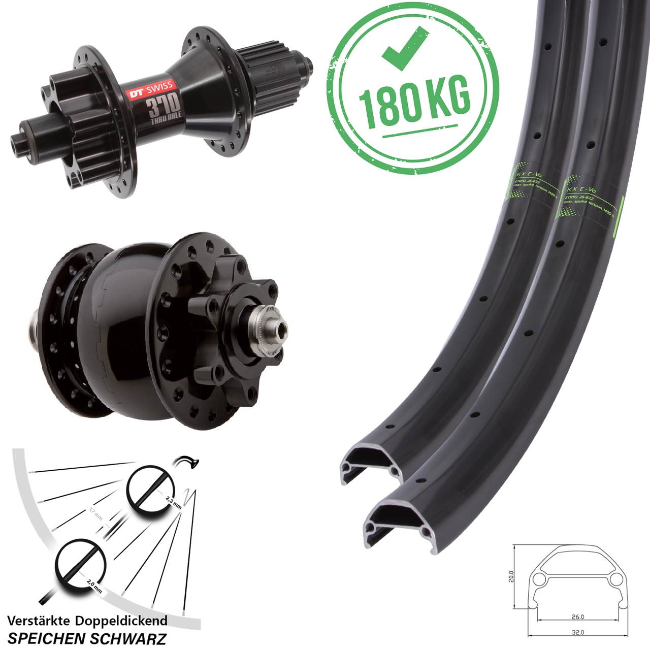 KX Evo DT Swiss 370 Hybrid SON 28 20/27,5 Zoll 6-Loch Laufradsatz QR Micro Spline