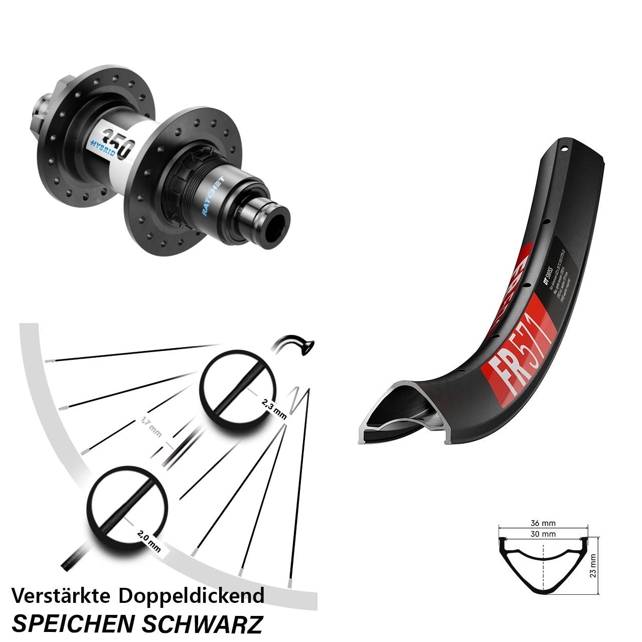DT Swiss FR571 350 Hybrid 27,5 Zoll Hinterrad 6-Loch 12x148 SRAM XD