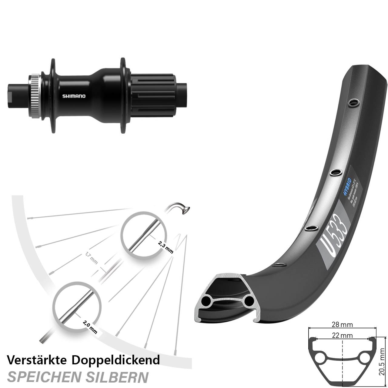 Hinterrad 26 Zoll DT Swiss U 533 Shimano FH-TC500-HM-B Boost